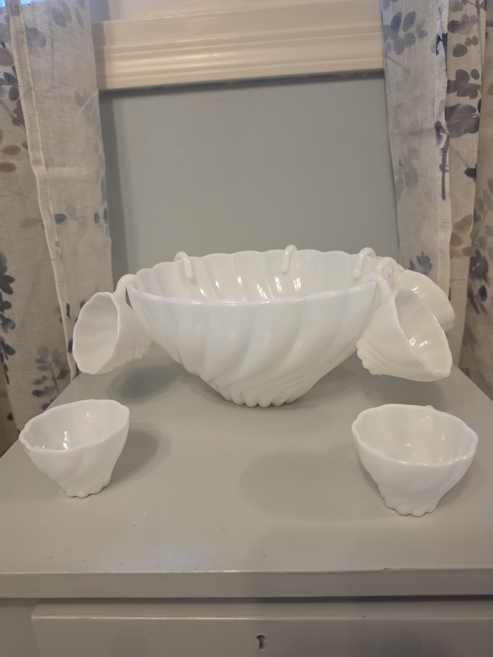 Milk Glass White Punch Bowl Set - Elegant Swirl Design With 8 Cups